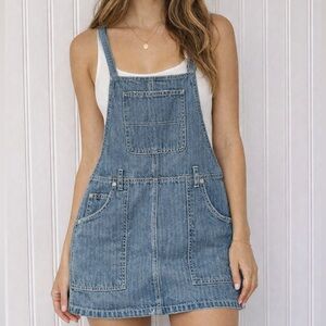 FREE PEOPLE We The Free Striped Denim Mini Overalls Dress Size 26 EUC